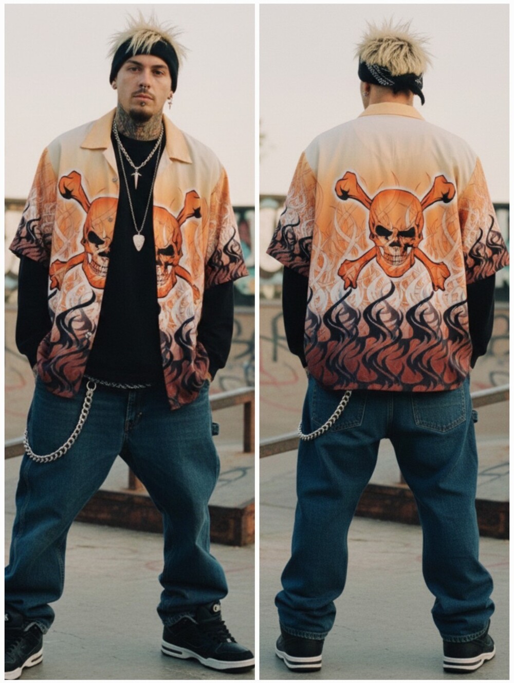 Dragonfly Roadhouse XL Y2K Cyber Grunge Nu-Metal Skull Flames Button Down Shirt